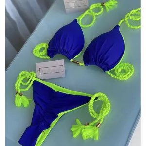 Retro Printing Two Piece Tassel Bikini Set
