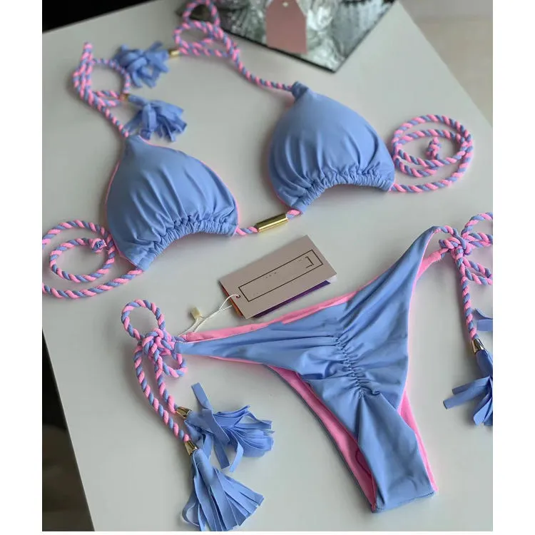 Retro Printing Two Piece Tassel Bikini Set
