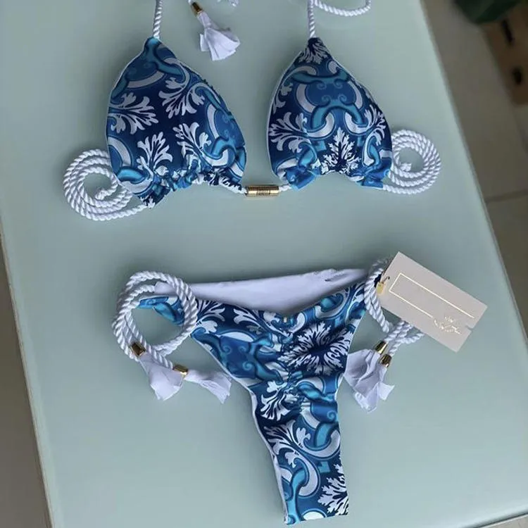 Retro Printing Two Piece Tassel Bikini Set