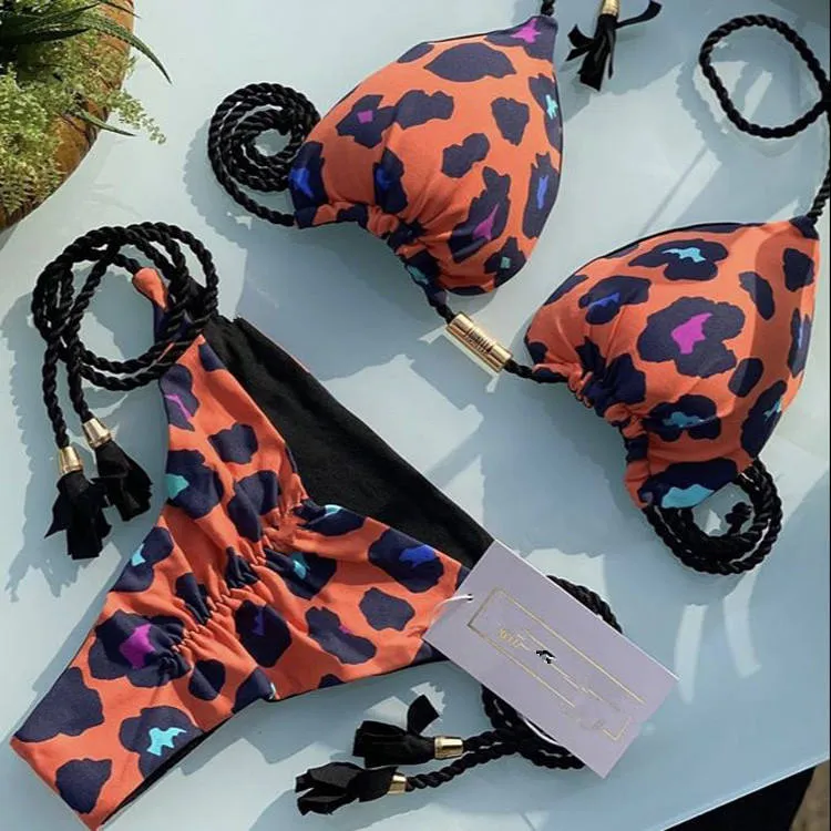 Retro Printing Two Piece Tassel Bikini Set