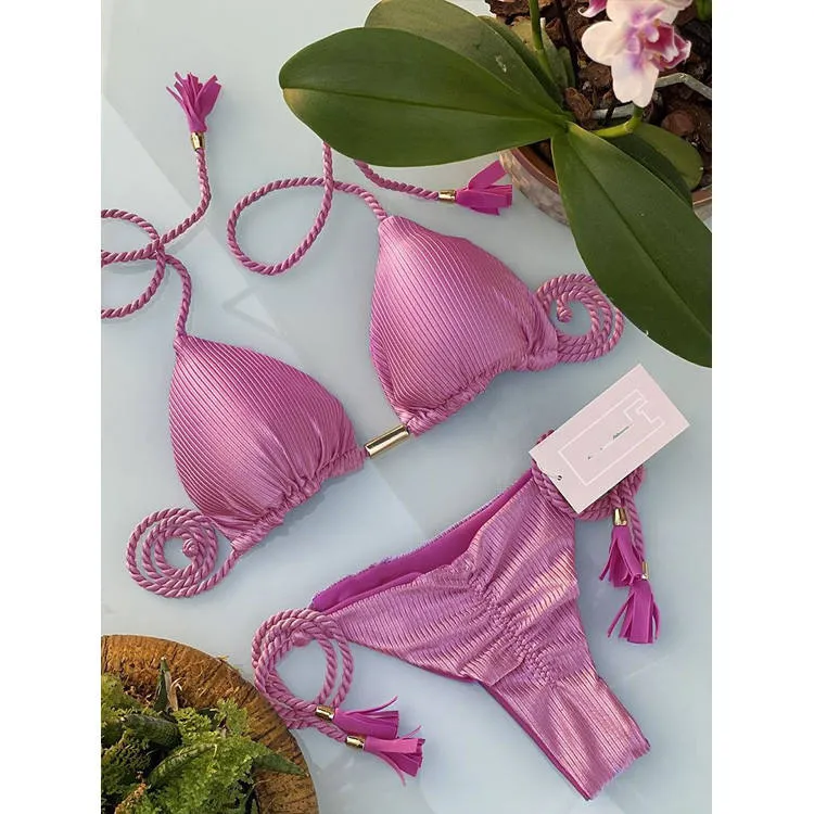 Retro Printing Two Piece Tassel Bikini Set