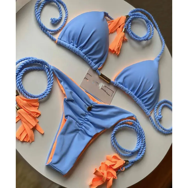 Retro Printing Two Piece Tassel Bikini Set