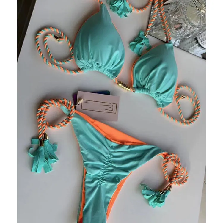 Retro Printing Two Piece Tassel Bikini Set