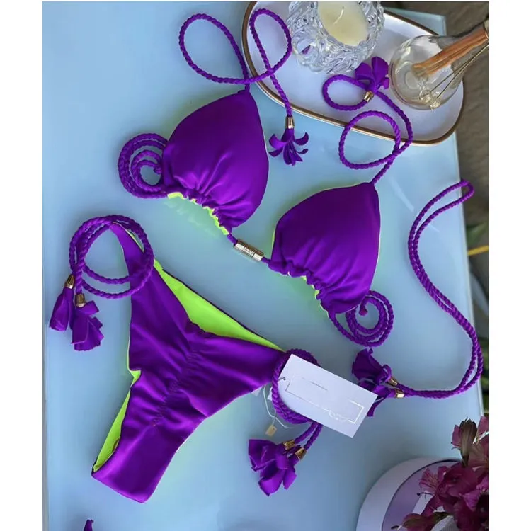 Retro Printing Two Piece Tassel Bikini Set
