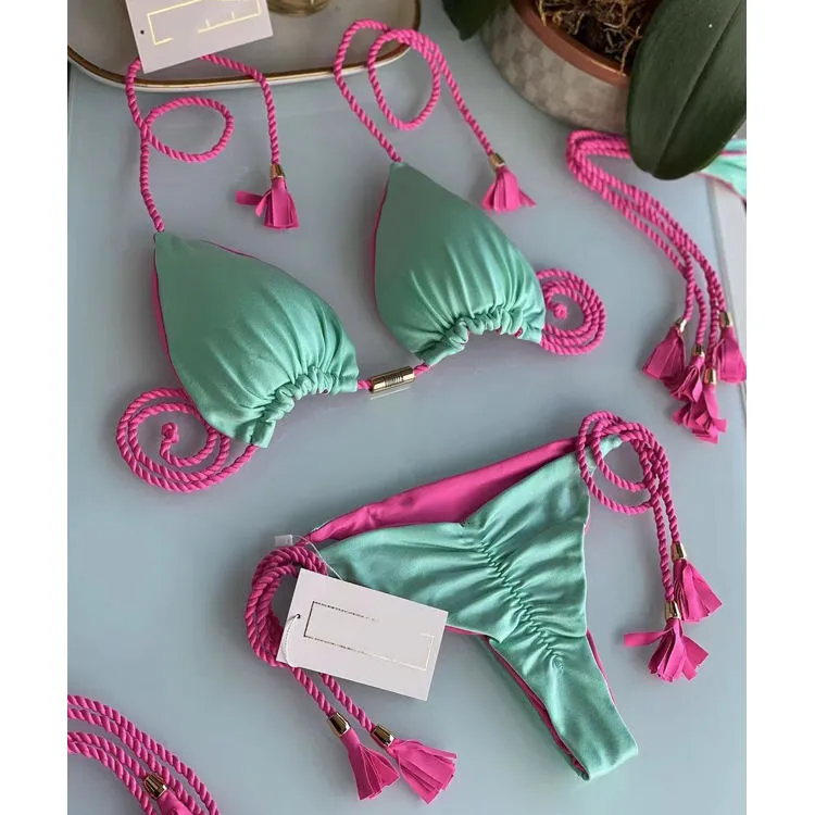 Retro Printing Two Piece Tassel Bikini Set