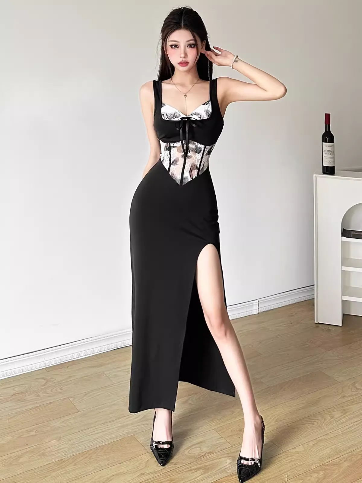 Retro Suspender Dress Lace Color Block Dress