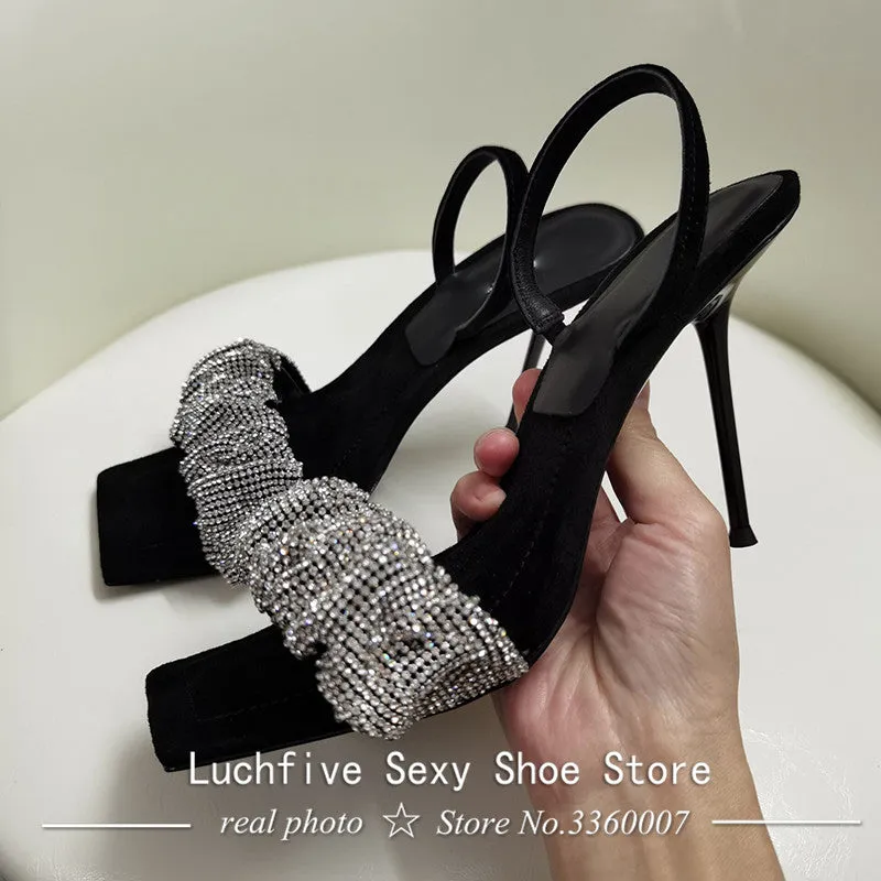 Rhinestone Ruffles Open Toe Sandals High Heels Gladiator Stiletto Summer Crystal Slingbacks Black Shoes