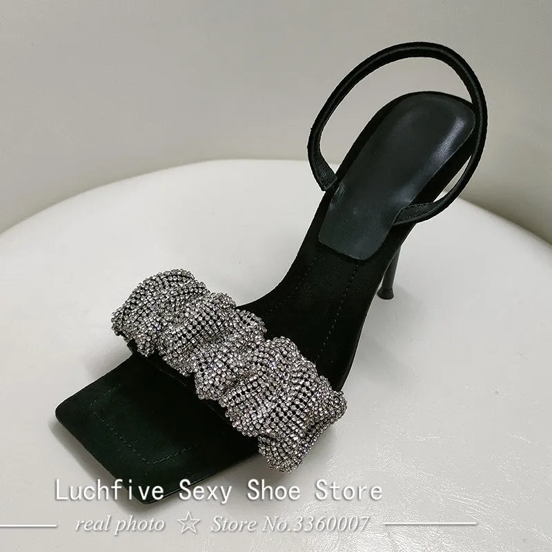 Rhinestone Ruffles Open Toe Sandals High Heels Gladiator Stiletto Summer Crystal Slingbacks Black Shoes