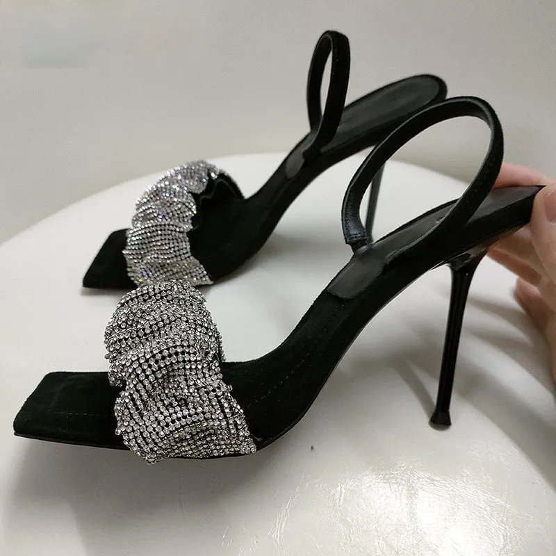 Rhinestone Ruffles Open Toe Sandals High Heels Gladiator Stiletto Summer Crystal Slingbacks Black Shoes