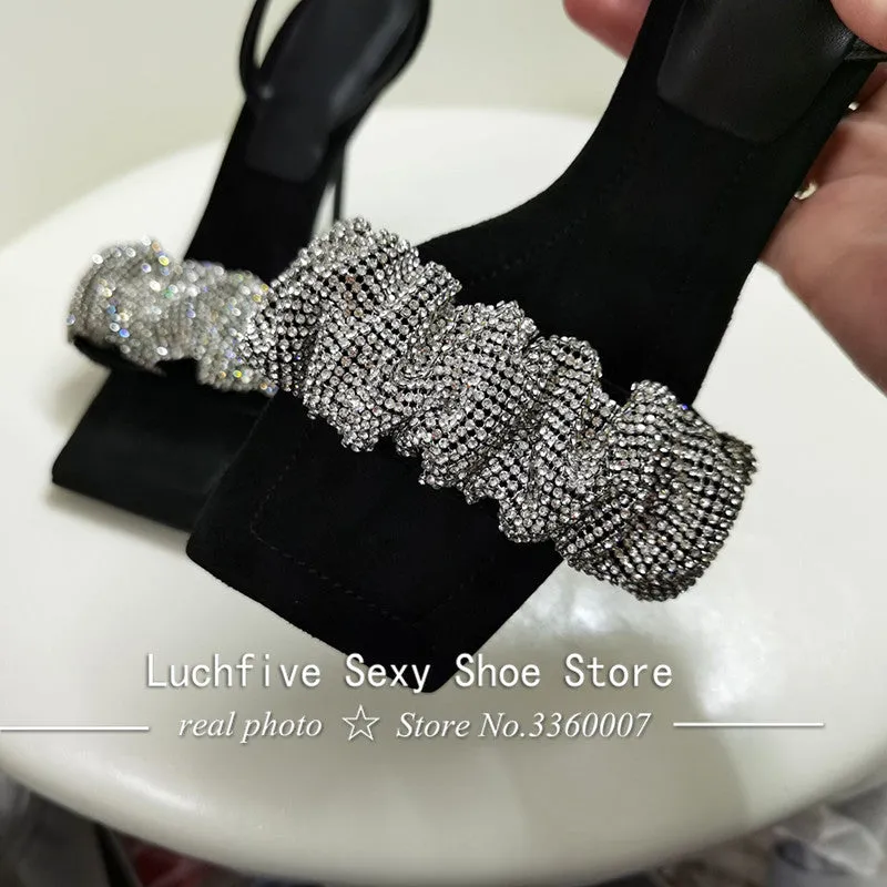 Rhinestone Ruffles Open Toe Sandals High Heels Gladiator Stiletto Summer Crystal Slingbacks Black Shoes