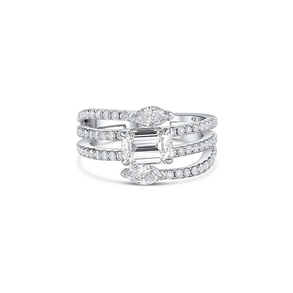 Rivière 18k White Gold 2.07ctw Emerald and Marquise Diamond Spiral Ring, GIA Certified