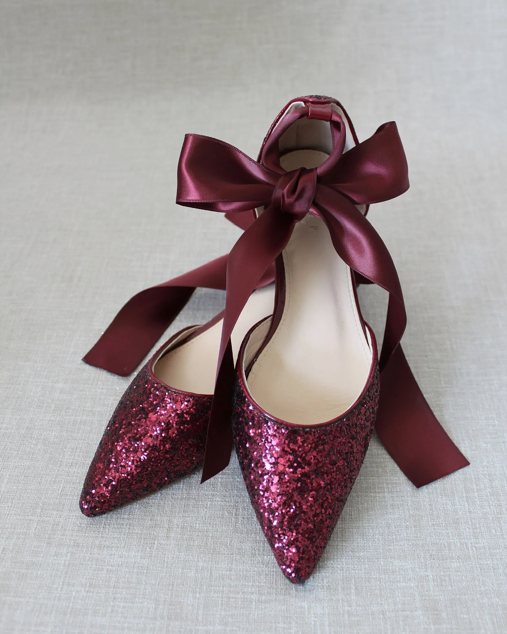 Rock Glitter Pointy Toe Flats with Satin Ankle Tie or Ballerina Lace Up
