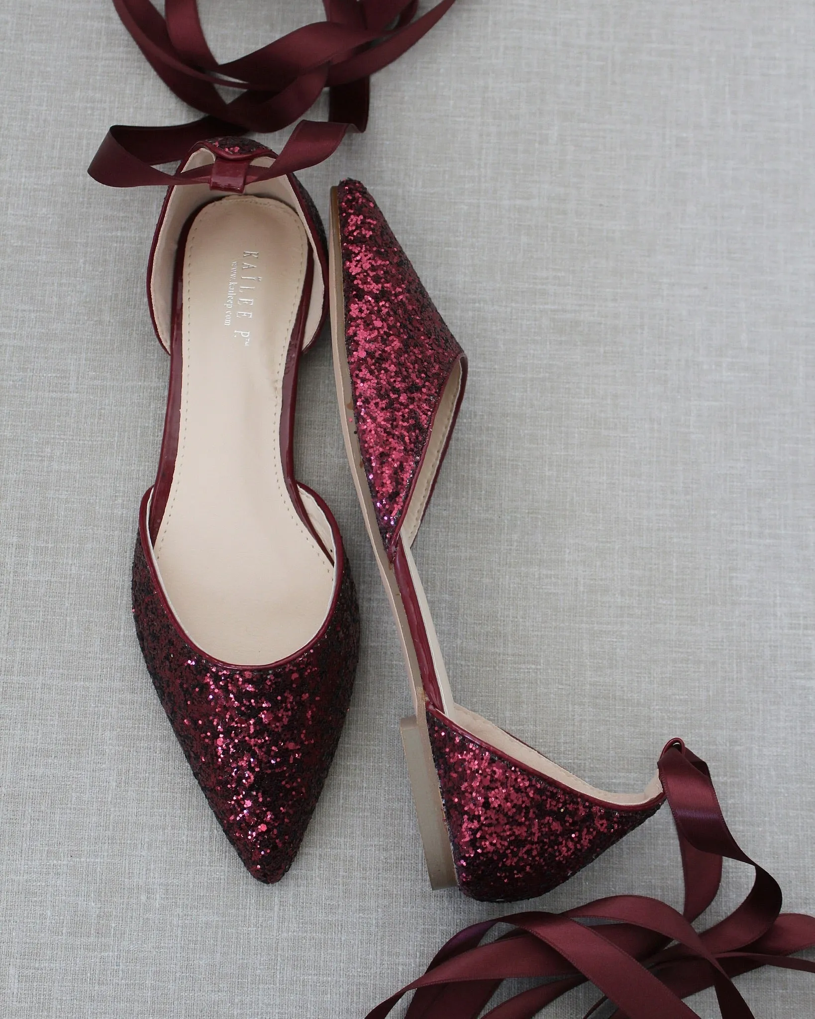 Rock Glitter Pointy Toe Flats with Satin Ankle Tie or Ballerina Lace Up