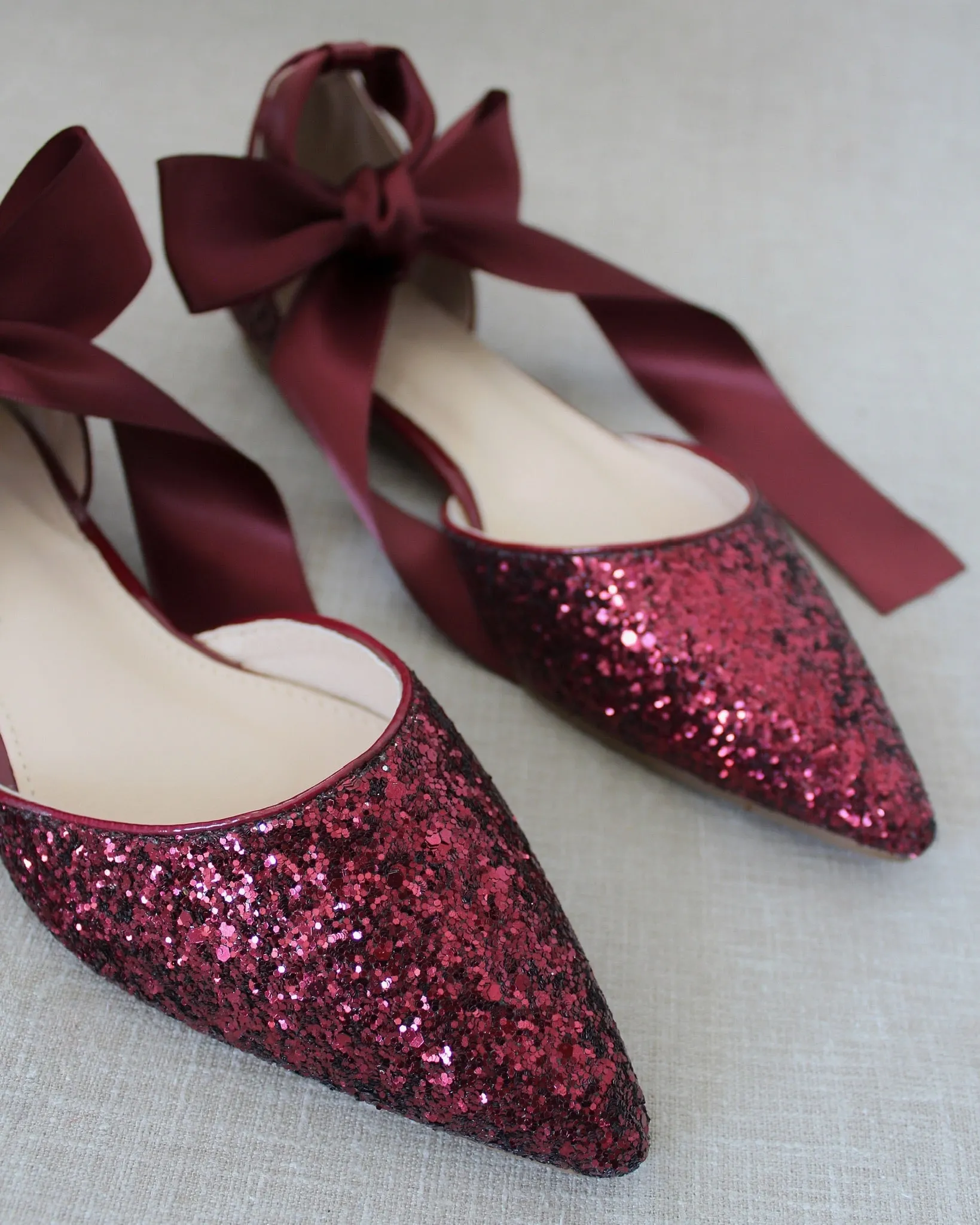 Rock Glitter Pointy Toe Flats with Satin Ankle Tie or Ballerina Lace Up