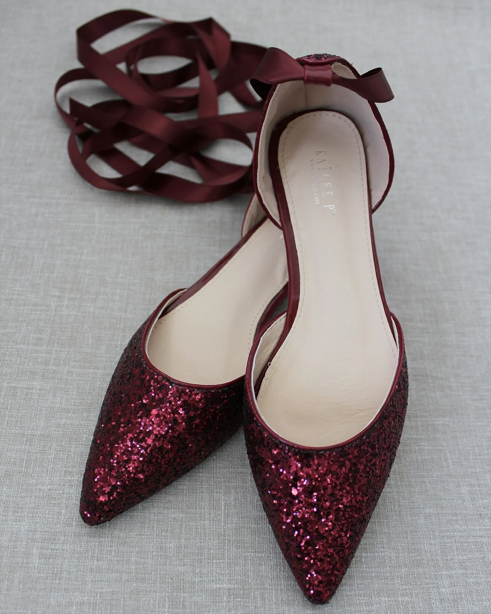 Rock Glitter Pointy Toe Flats with Satin Ankle Tie or Ballerina Lace Up