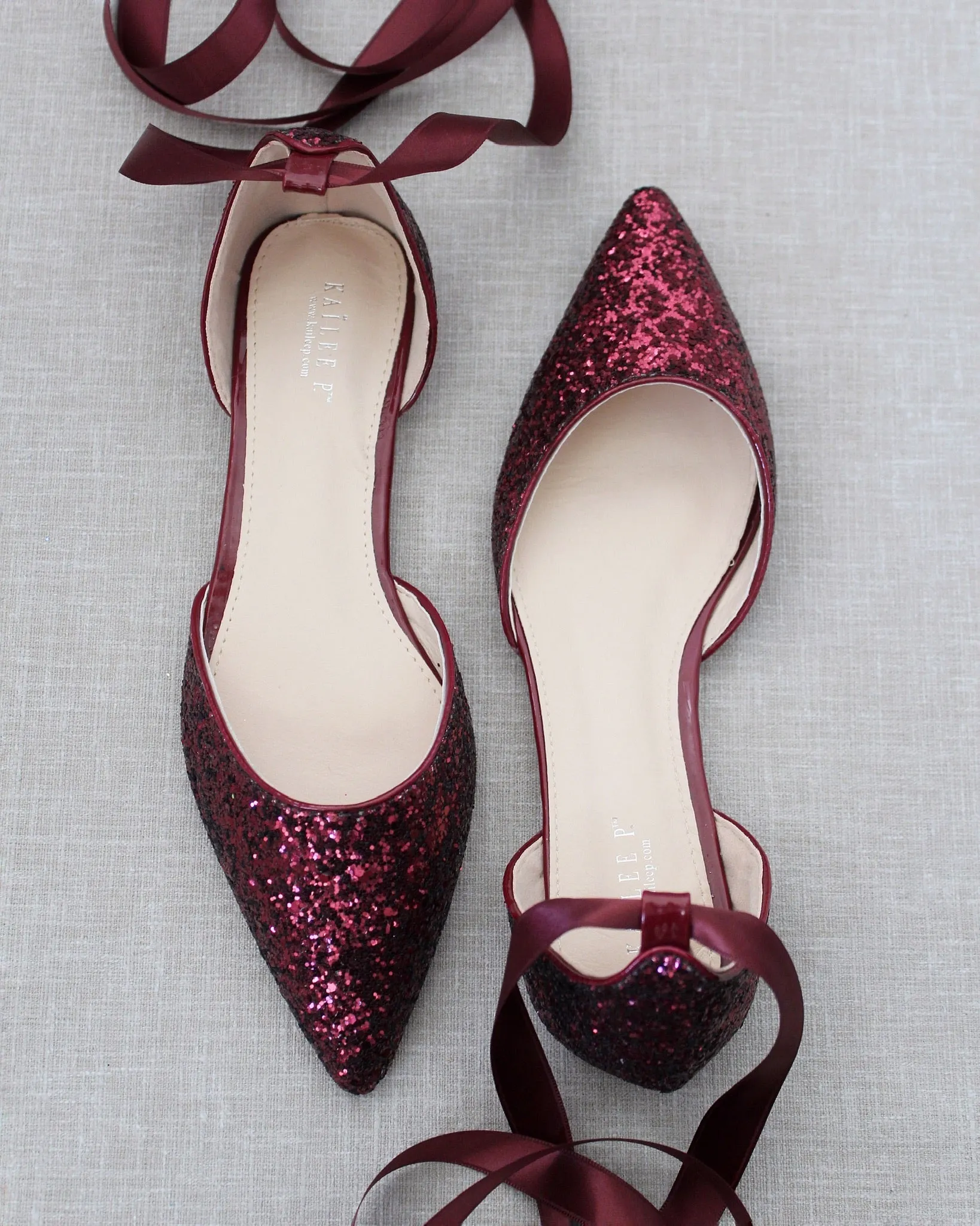 Rock Glitter Pointy Toe Flats with Satin Ankle Tie or Ballerina Lace Up