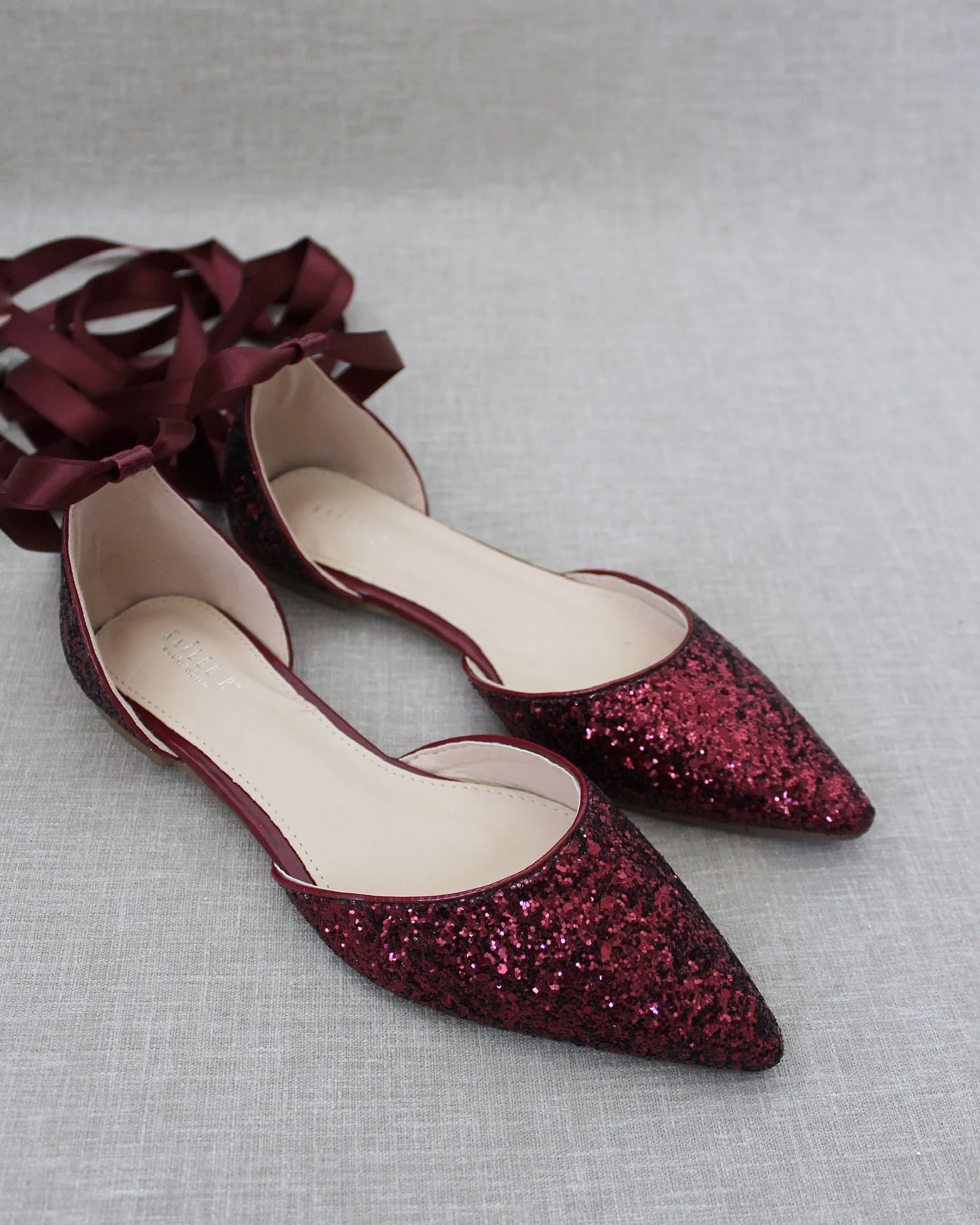 Rock Glitter Pointy Toe Flats with Satin Ankle Tie or Ballerina Lace Up