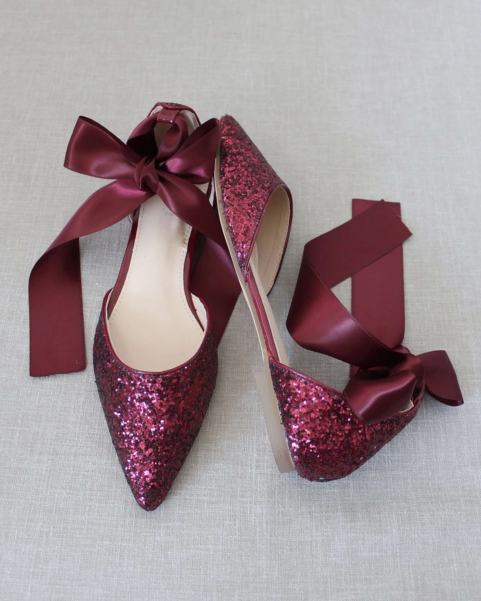 Rock Glitter Pointy Toe Flats with Satin Ankle Tie or Ballerina Lace Up