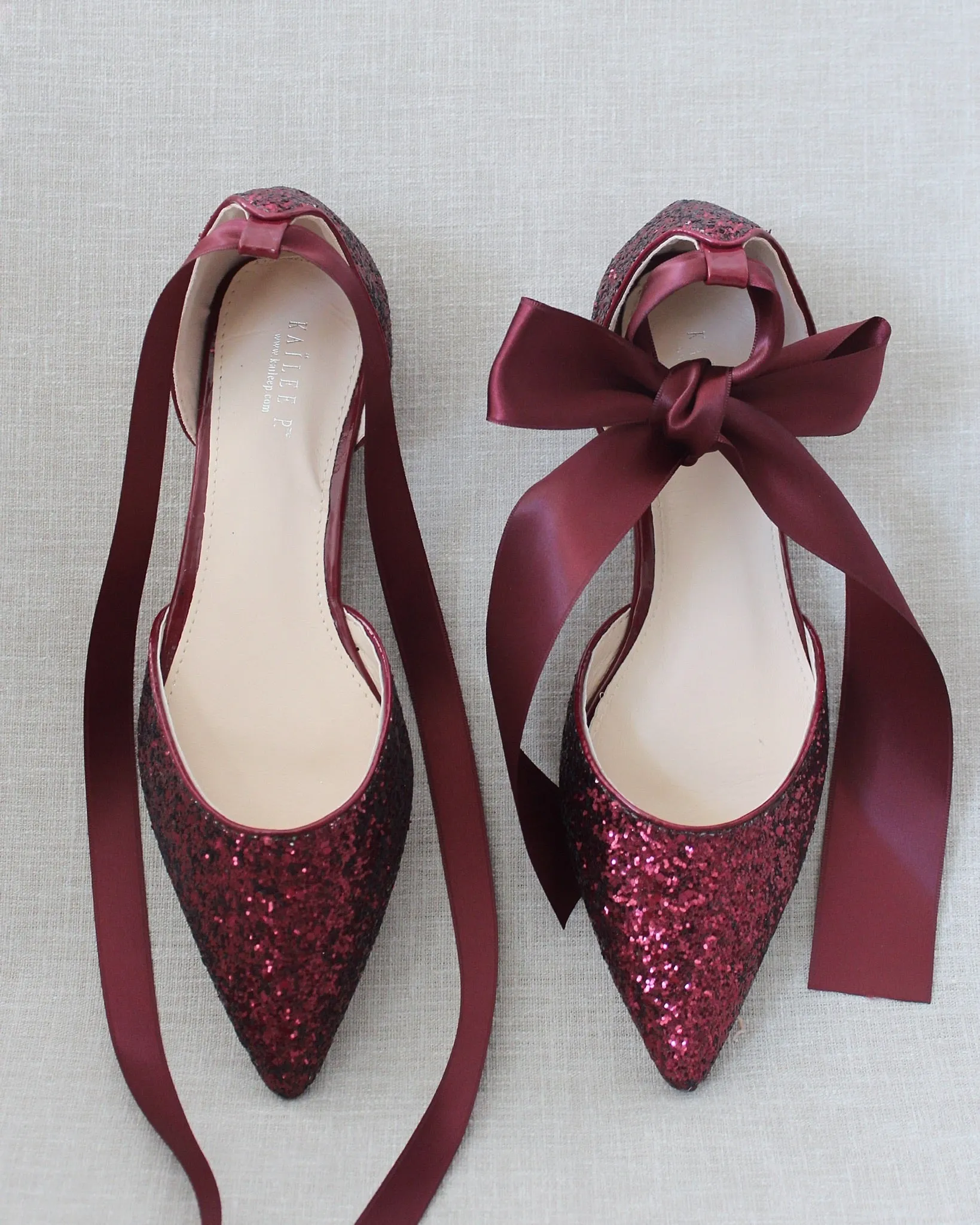 Rock Glitter Pointy Toe Flats with Satin Ankle Tie or Ballerina Lace Up