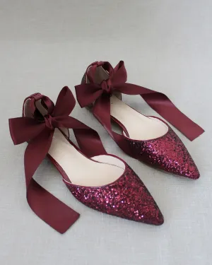 Rock Glitter Pointy Toe Flats with Satin Ankle Tie or Ballerina Lace Up