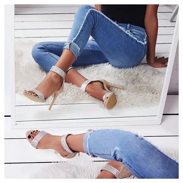 Rome Style Heeled Sandals Glitter Crystal Open Toe Zipper Shoes