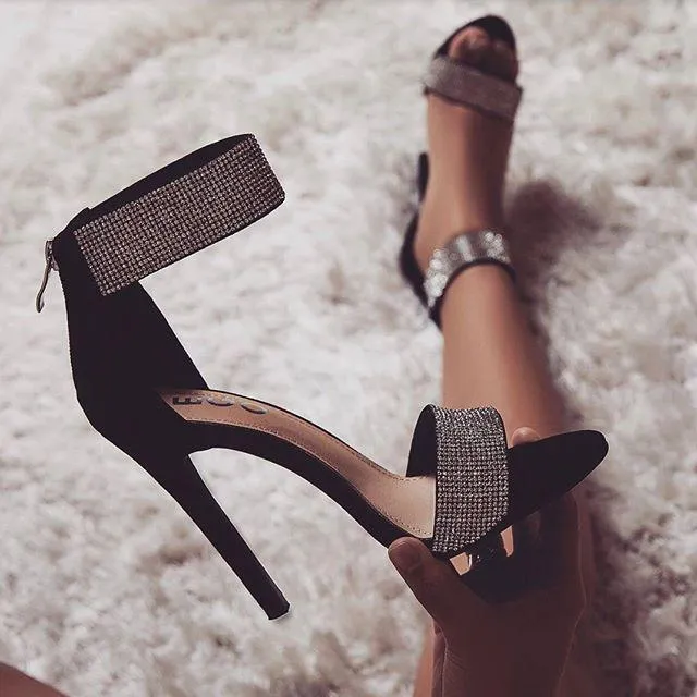 Rome Style Heeled Sandals Glitter Crystal Open Toe Zipper Shoes