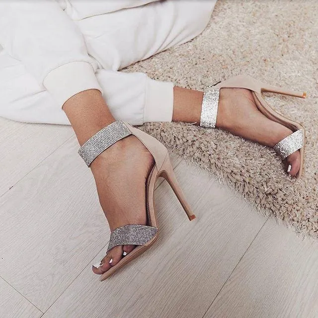 Rome Style Heeled Sandals Glitter Crystal Open Toe Zipper Shoes