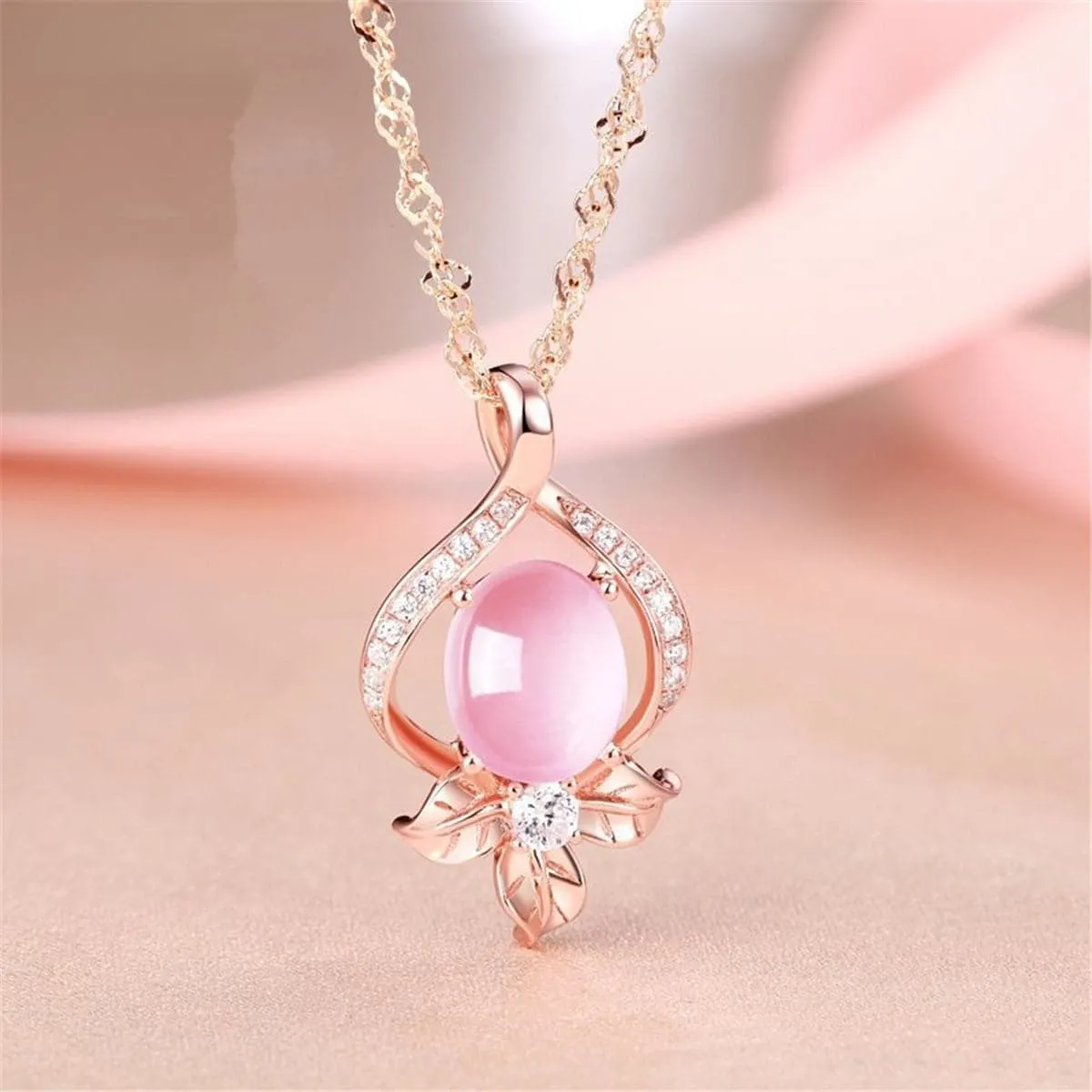 Rose Quartz & Cubic Zirconia Flower Pendant Necklace