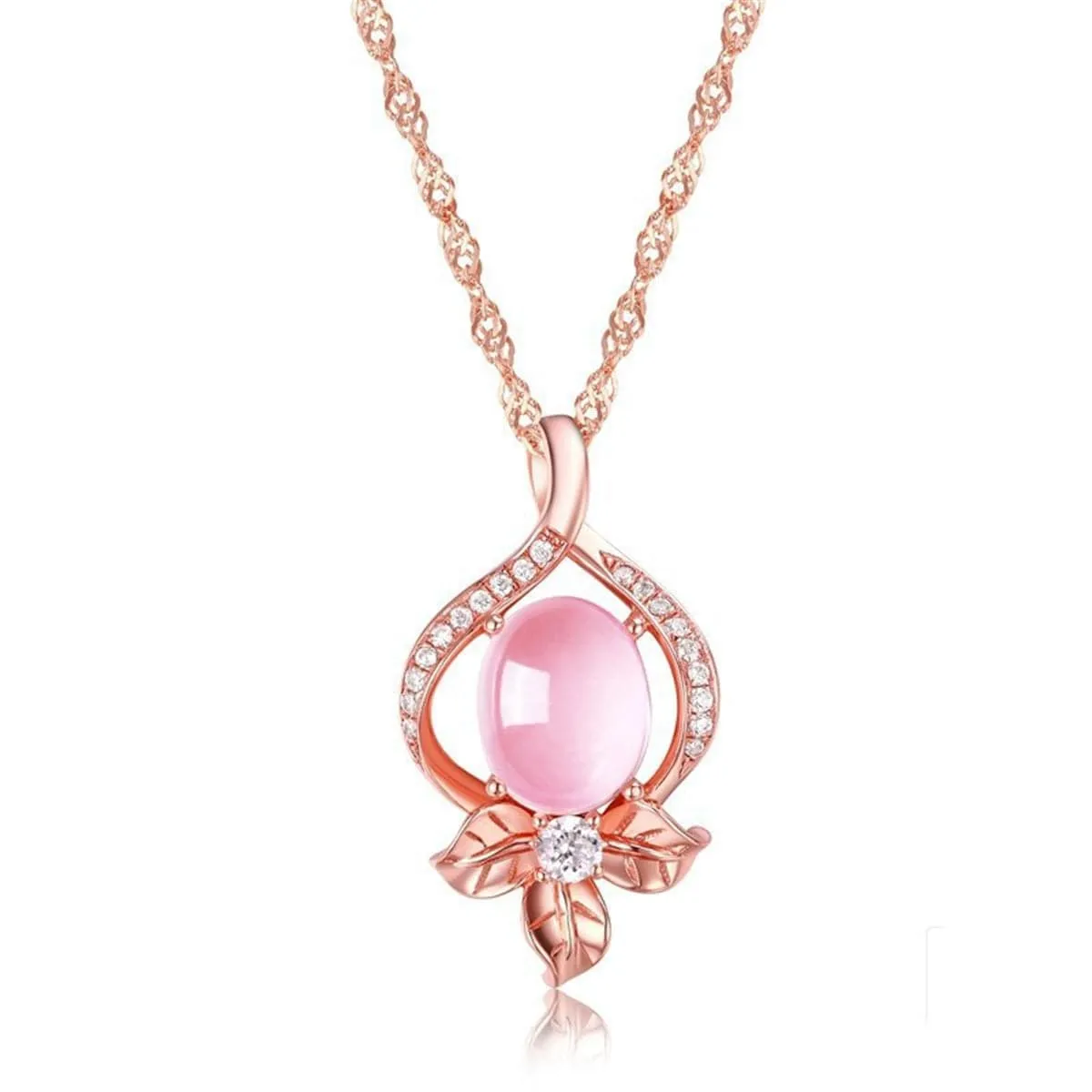 Rose Quartz & Cubic Zirconia Flower Pendant Necklace