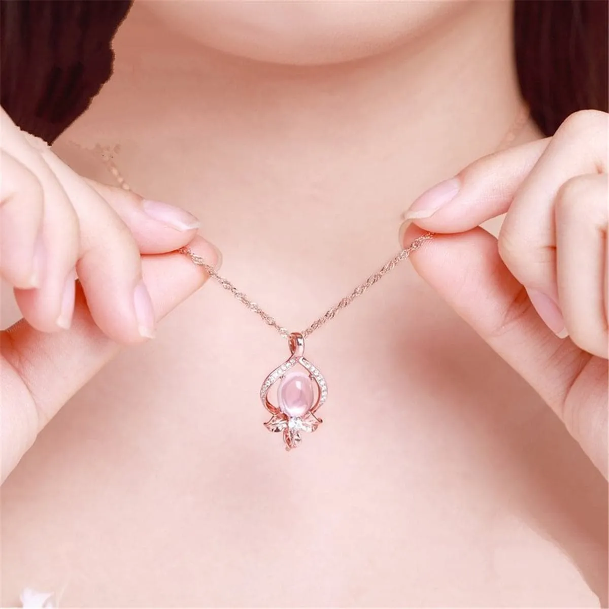 Rose Quartz & Cubic Zirconia Flower Pendant Necklace