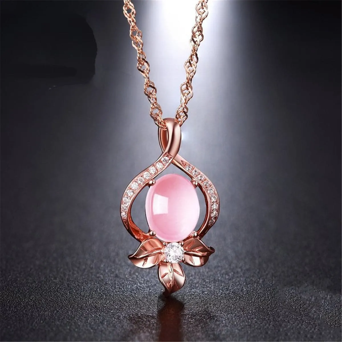 Rose Quartz & Cubic Zirconia Flower Pendant Necklace