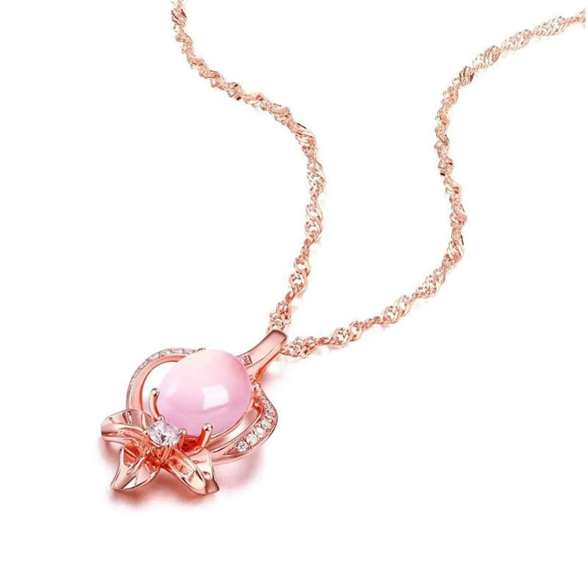 Rose Quartz & Cubic Zirconia Flower Pendant Necklace