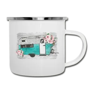 Rustic Teal Camper Design on White Enamel Camping Mug