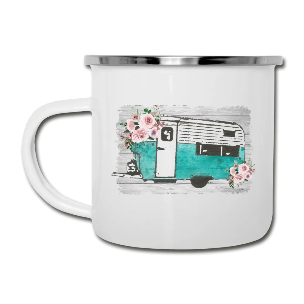 Rustic Teal Camper Design on White Enamel Camping Mug