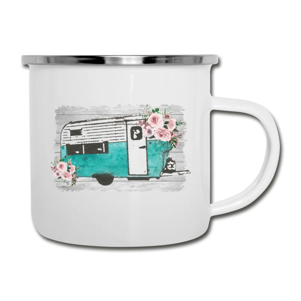 Rustic Teal Camper Design on White Enamel Camping Mug