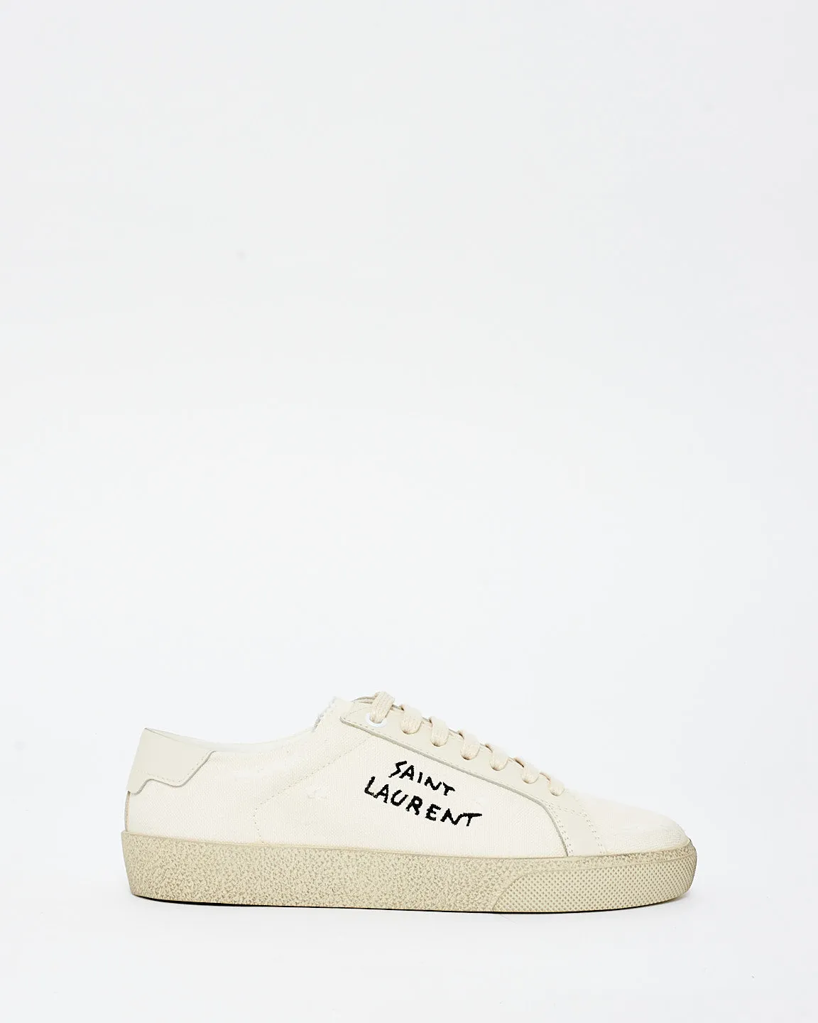 Saint Laurent Ivory Distressed Canvas Logo Sneaker - 35