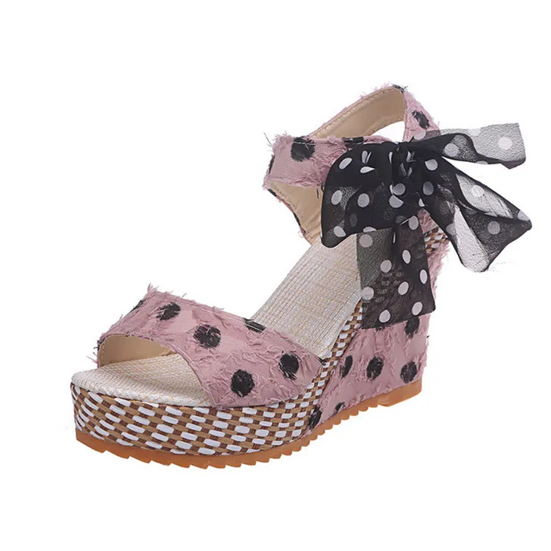 Sandals Dot Bowknot Design Platform Wedge Female Casual High Increas Shoes Ladies Ankle Strap Open Toe Sandals