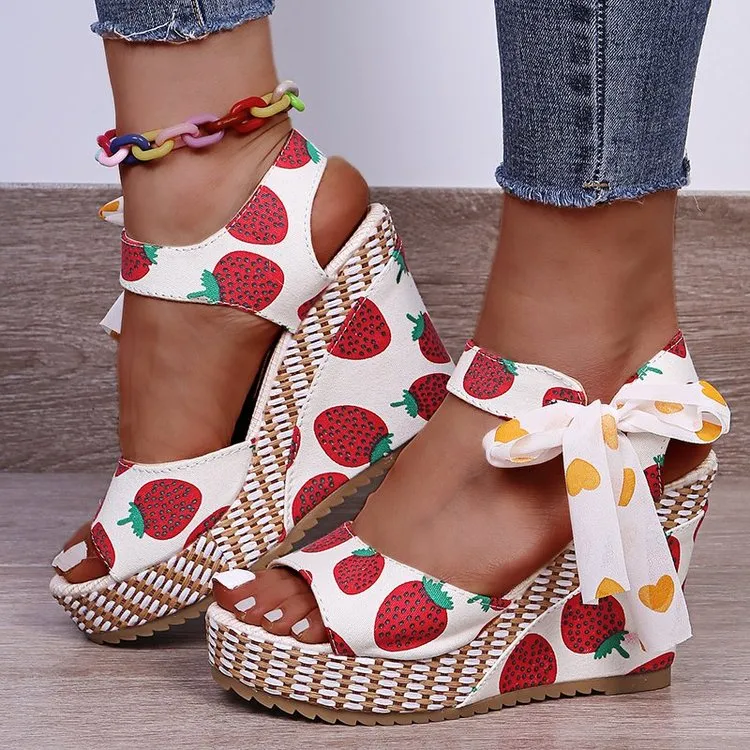 Sandals Dot Bowknot Design Platform Wedge Female Casual High Increas Shoes Ladies Ankle Strap Open Toe Sandals