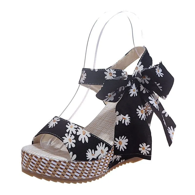 Sandals Dot Bowknot Design Platform Wedge Female Casual High Increas Shoes Ladies Ankle Strap Open Toe Sandals