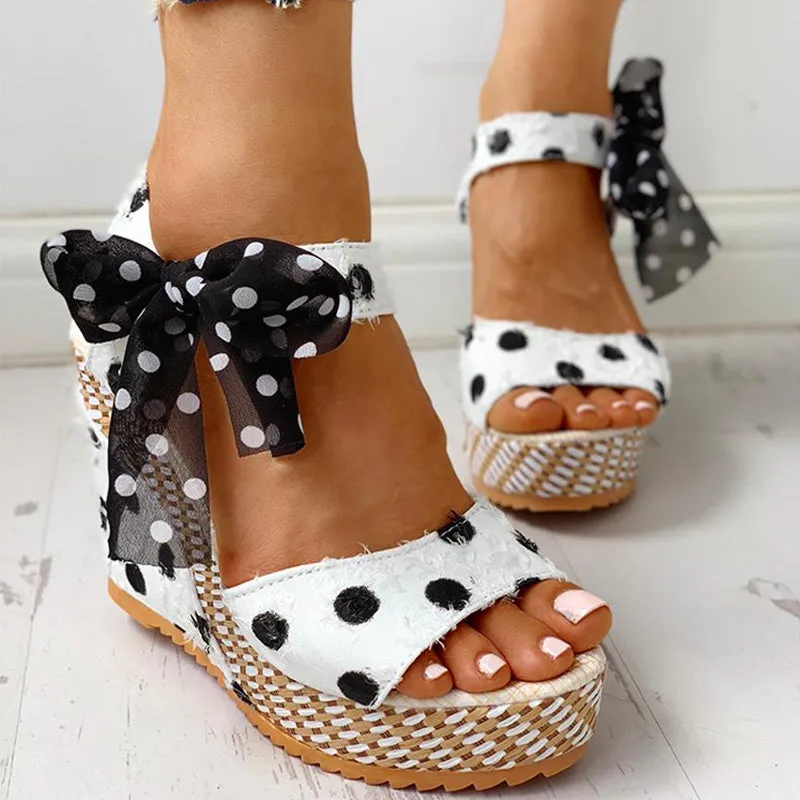 Sandals Dot Bowknot Design Platform Wedge Female Casual High Increas Shoes Ladies Ankle Strap Open Toe Sandals