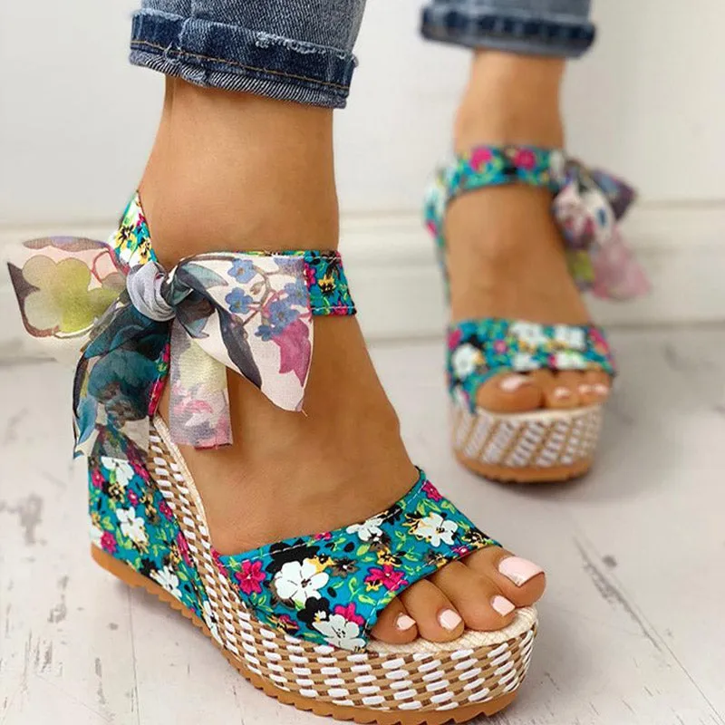 Sandals Dot Bowknot Design Platform Wedge Female Casual High Increas Shoes Ladies Ankle Strap Open Toe Sandals