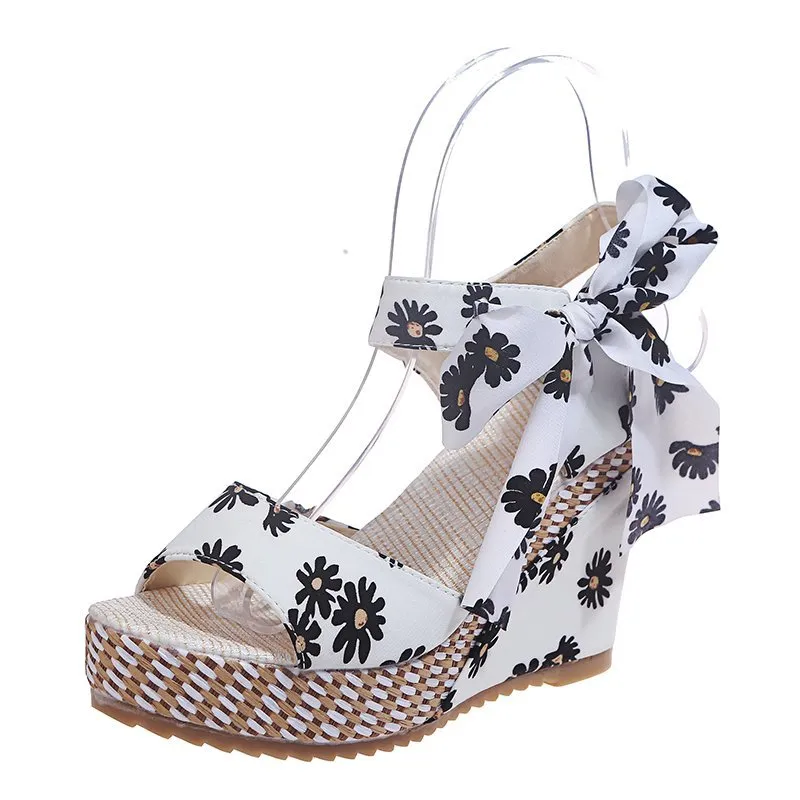 Sandals Dot Bowknot Design Platform Wedge Female Casual High Increas Shoes Ladies Ankle Strap Open Toe Sandals