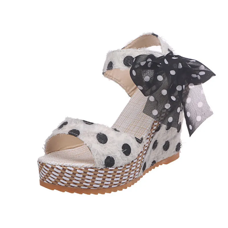 Sandals Dot Bowknot Design Platform Wedge Female Casual High Increas Shoes Ladies Ankle Strap Open Toe Sandals