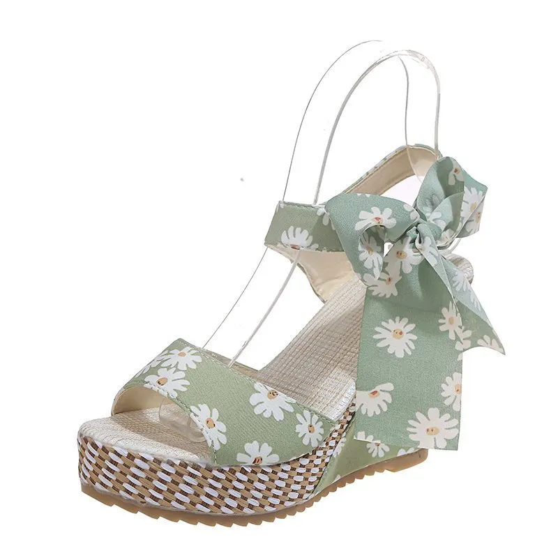 Sandals Dot Bowknot Design Platform Wedge Female Casual High Increas Shoes Ladies Ankle Strap Open Toe Sandals