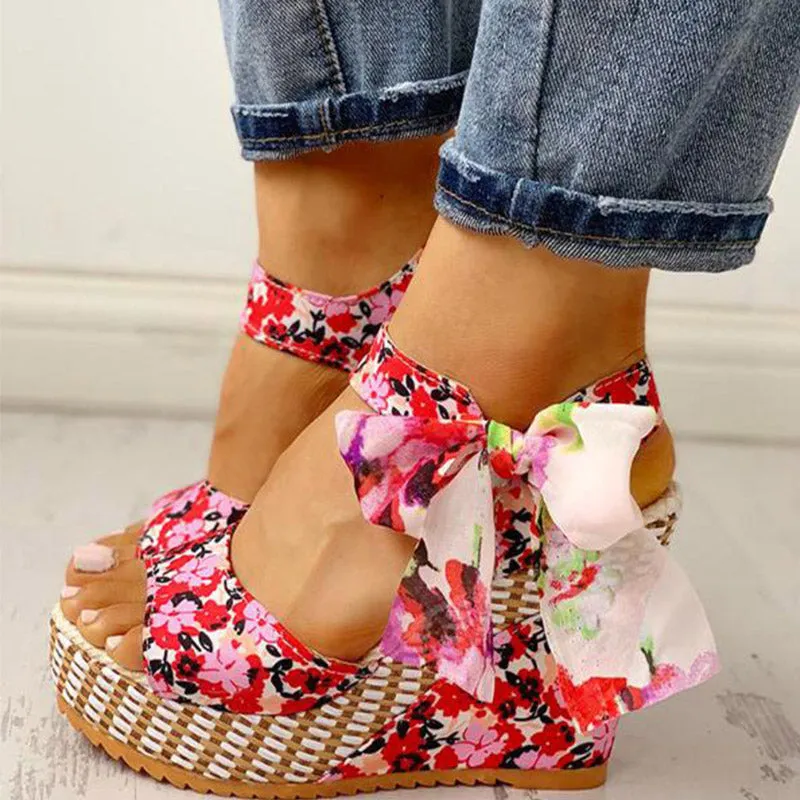 Sandals Dot Bowknot Design Platform Wedge Female Casual High Increas Shoes Ladies Ankle Strap Open Toe Sandals