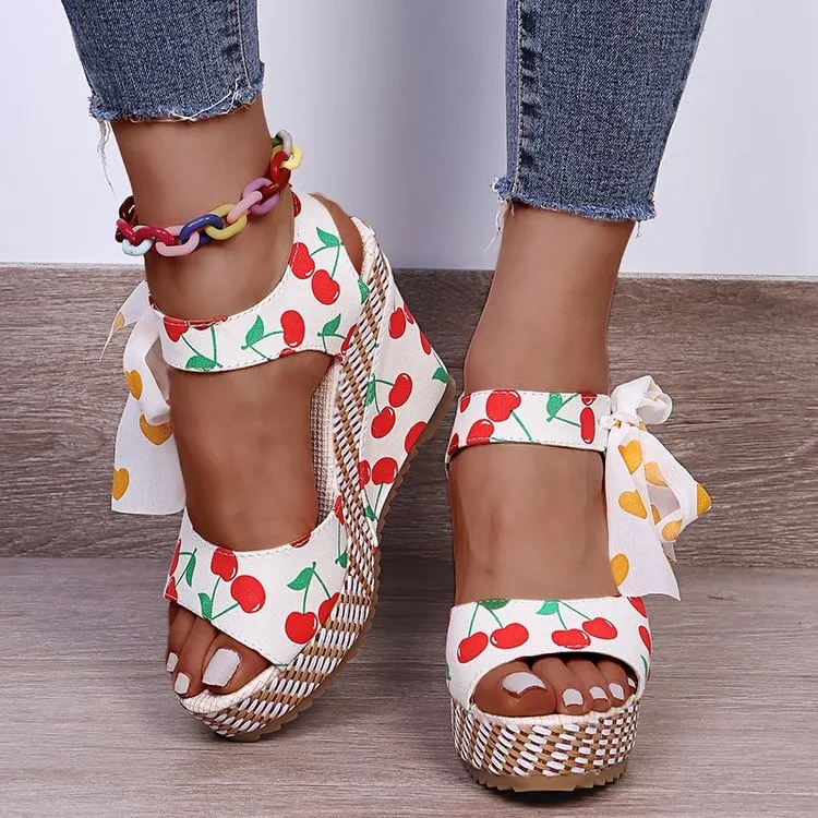 Sandals Dot Bowknot Design Platform Wedge Female Casual High Increas Shoes Ladies Ankle Strap Open Toe Sandals
