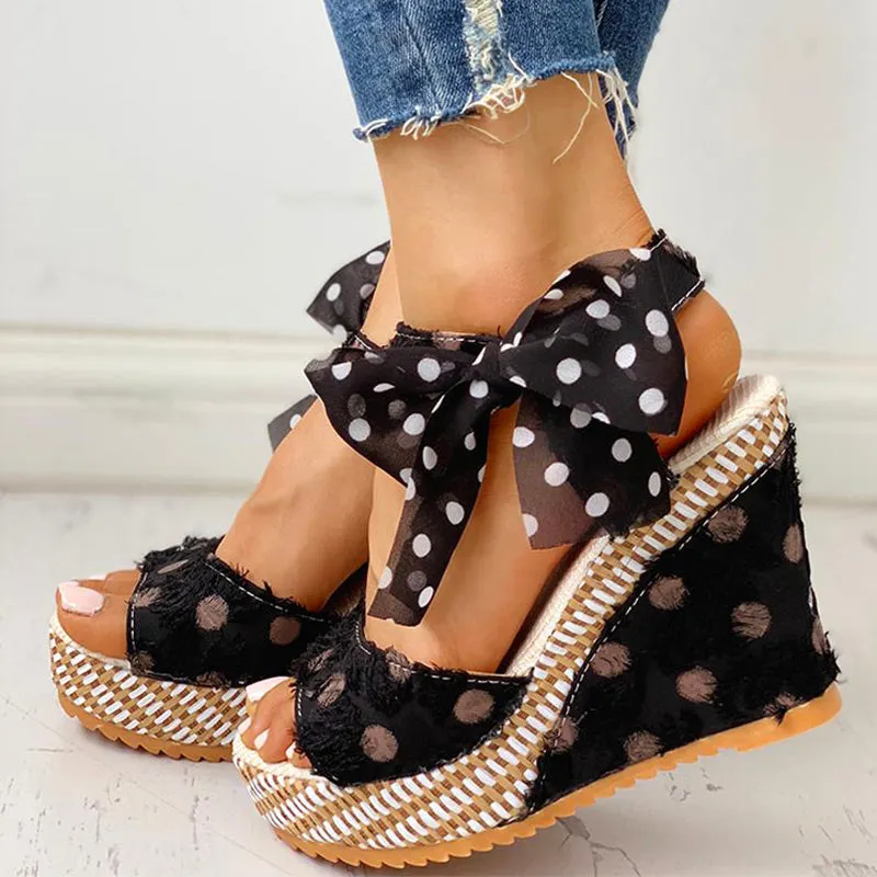 Sandals Dot Bowknot Design Platform Wedge Female Casual High Increas Shoes Ladies Ankle Strap Open Toe Sandals