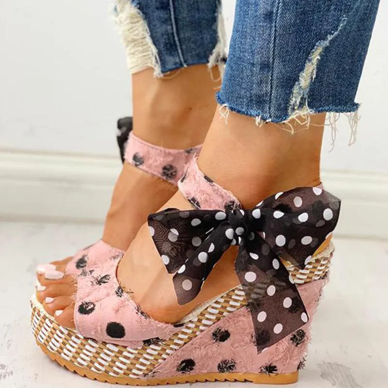 Sandals Dot Bowknot Design Platform Wedge Female Casual High Increas Shoes Ladies Ankle Strap Open Toe Sandals