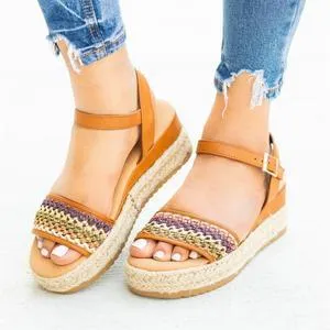 Sandals women's linen braided platform wedge sandals