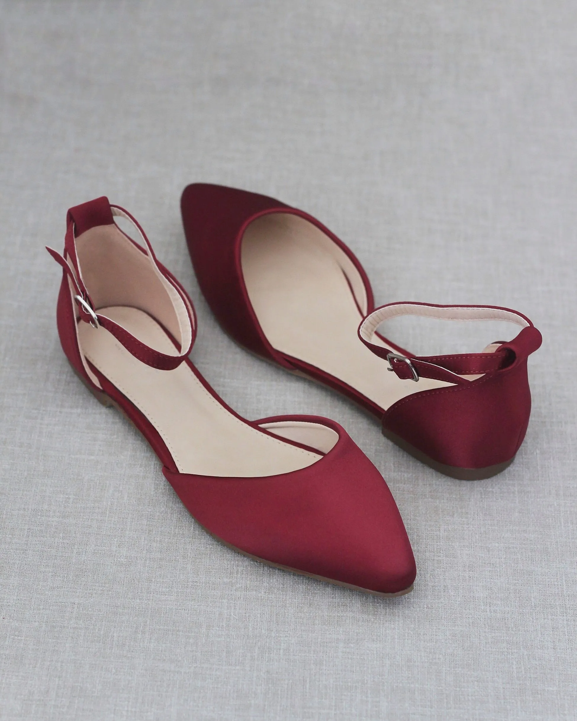 Satin Pointy Toe Flats with Ankle Strap